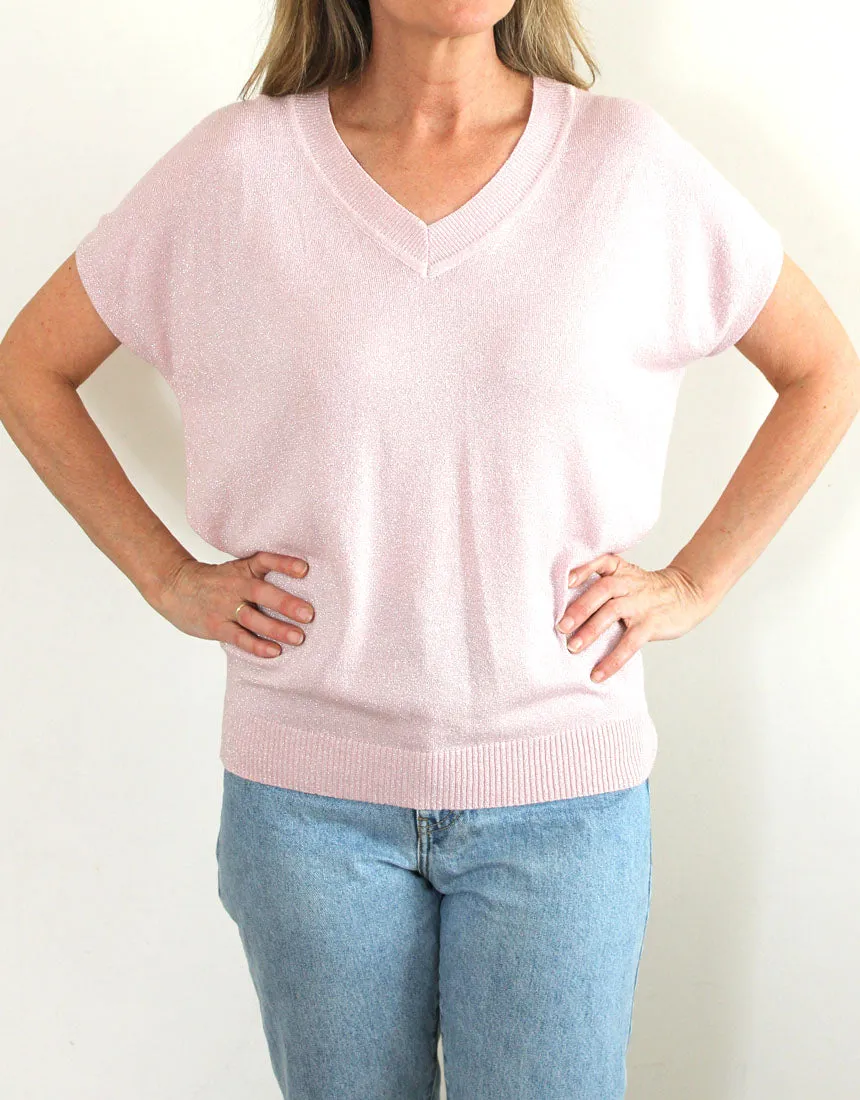 Frankies V-Neck Lurex Tee - Pale Pink