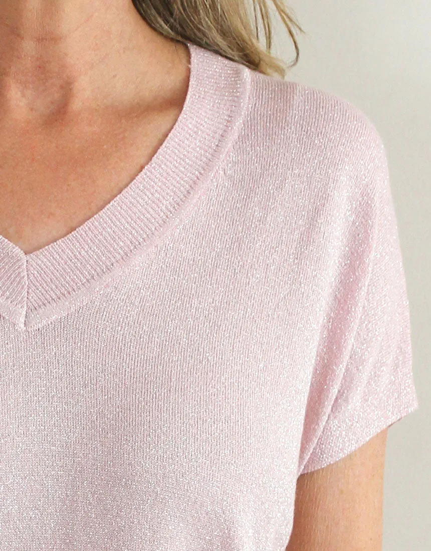 Frankies V-Neck Lurex Tee - Pale Pink