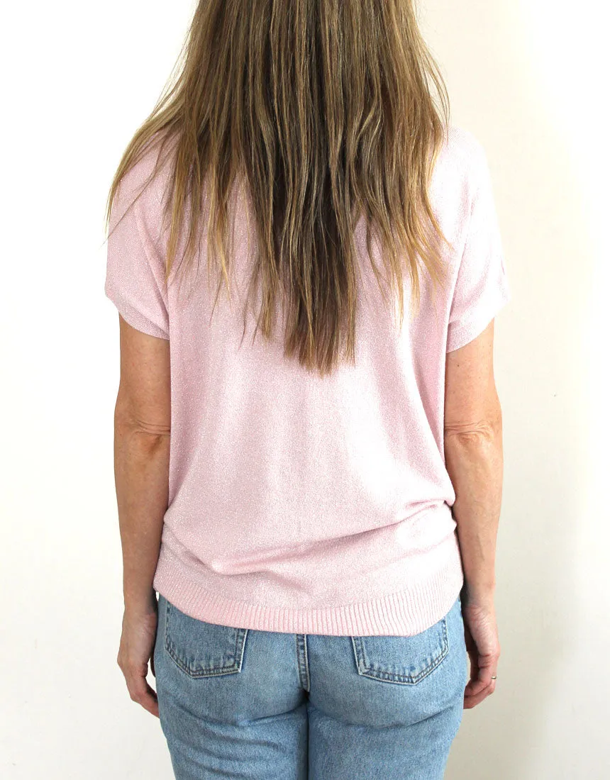 Frankies V-Neck Lurex Tee - Pale Pink