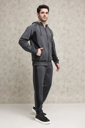 FULL-ZIP TRACKSUIT WITH CONTRAST PANEL DESIGN-DARK-GREY-BLACK
