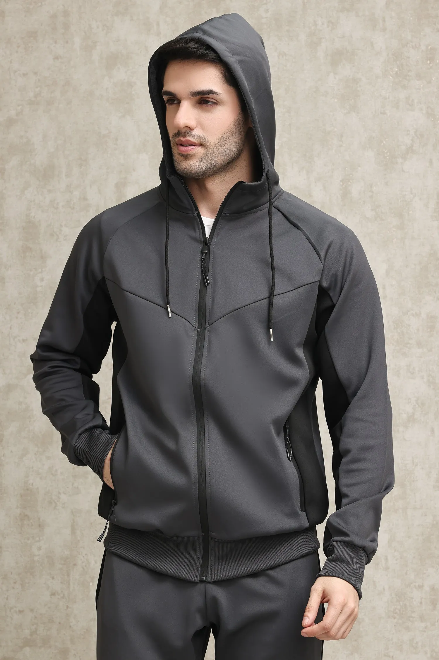FULL-ZIP TRACKSUIT WITH CONTRAST PANEL DESIGN-DARK-GREY-BLACK