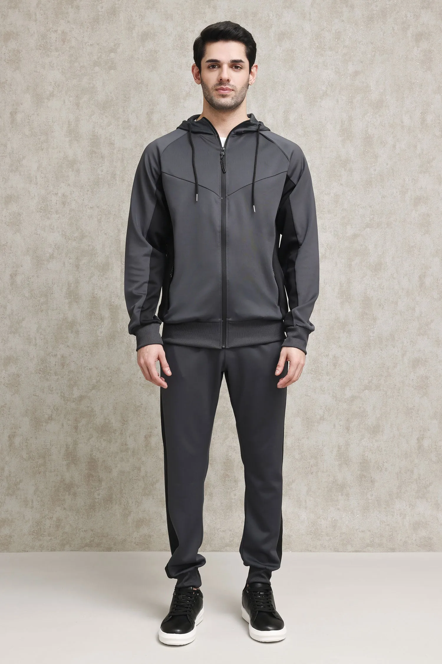 FULL-ZIP TRACKSUIT WITH CONTRAST PANEL DESIGN-DARK-GREY-BLACK