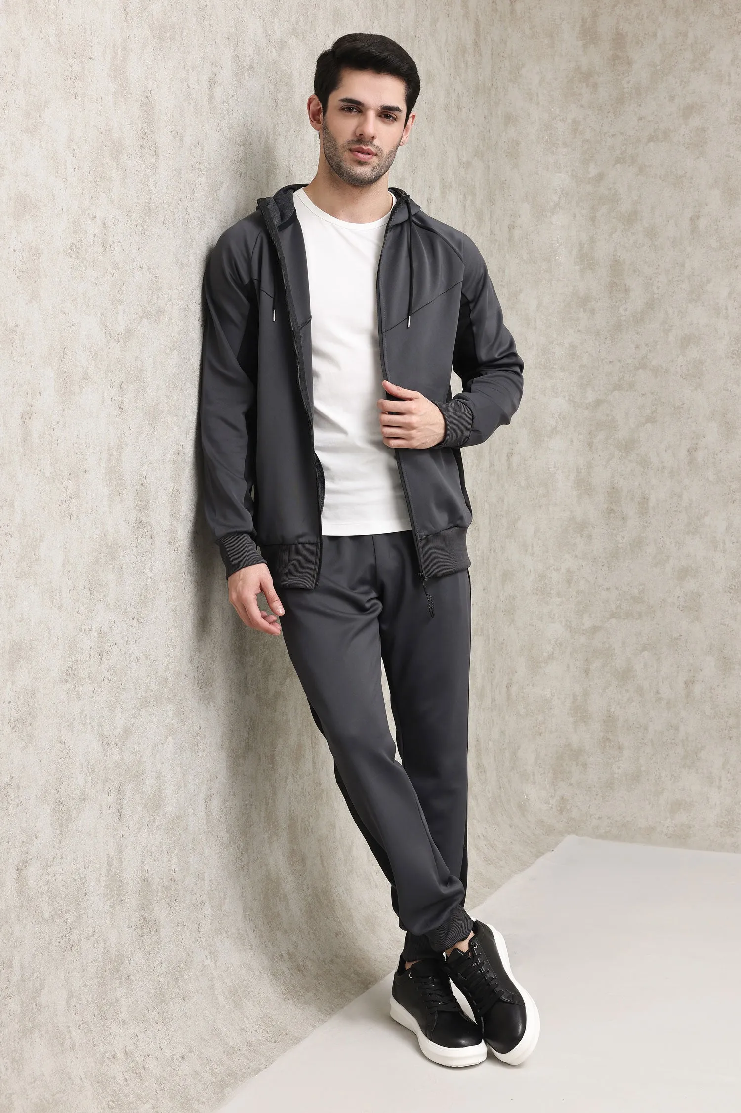 FULL-ZIP TRACKSUIT WITH CONTRAST PANEL DESIGN-DARK-GREY-BLACK
