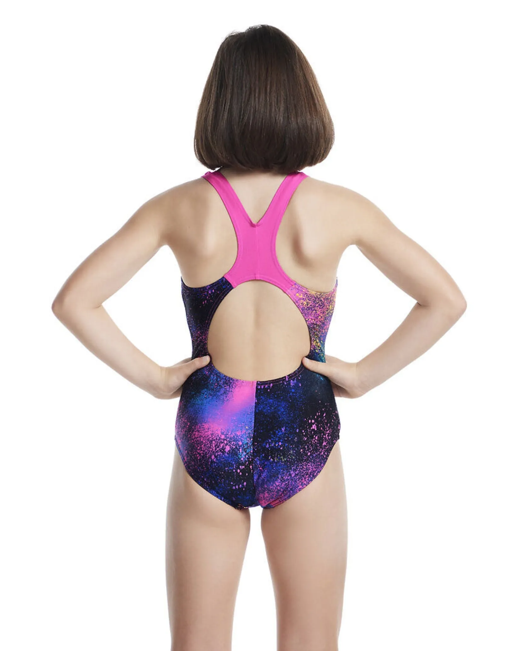 Girls Digital Allover Splashback Swimsuit - Black/Pink