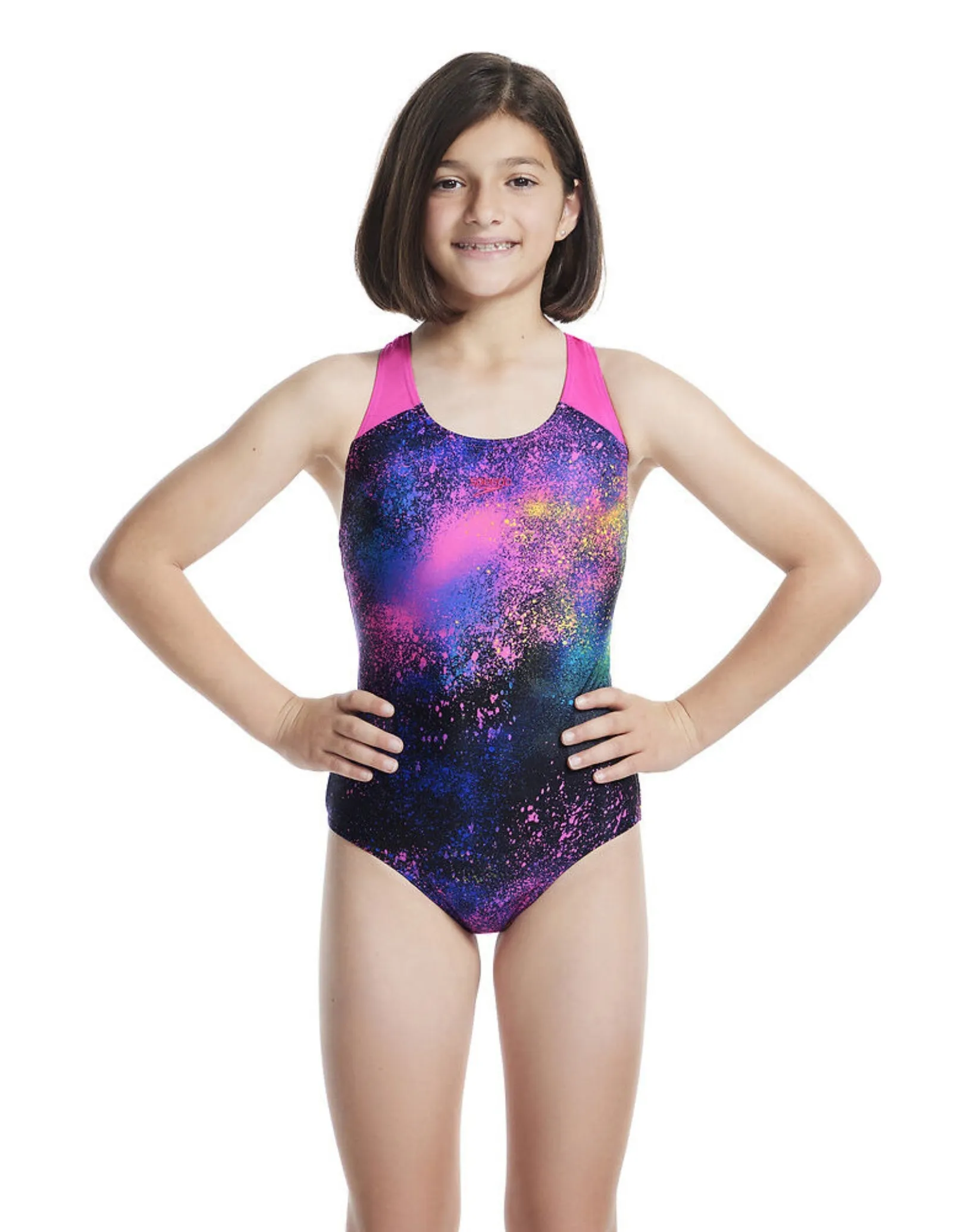 Girls Digital Allover Splashback Swimsuit - Black/Pink