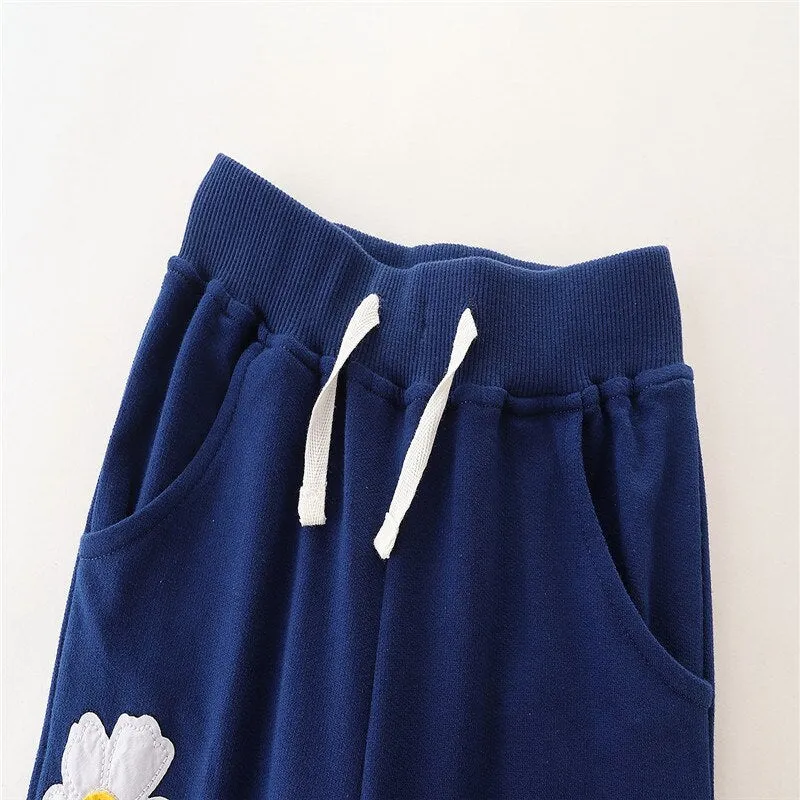 Girls Flower Print Drawstring Cotton Sweatpants - Navy