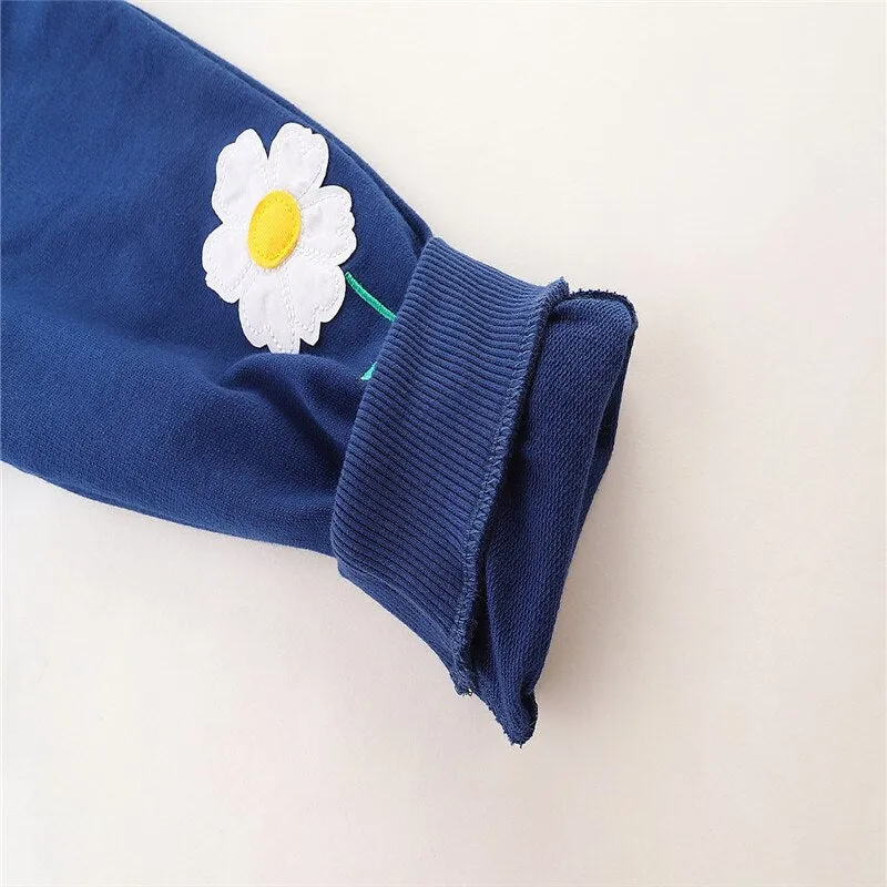 Girls Flower Print Drawstring Cotton Sweatpants - Navy