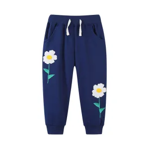 Girls Flower Print Drawstring Cotton Sweatpants - Navy