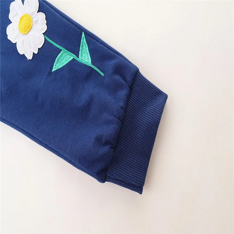 Girls Flower Print Drawstring Cotton Sweatpants - Navy