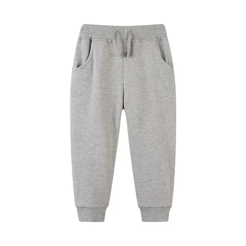 Girls Plain Colour Drawstring Cotton Sweatpants - Grey