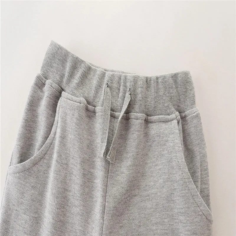 Girls Plain Colour Drawstring Cotton Sweatpants - Grey