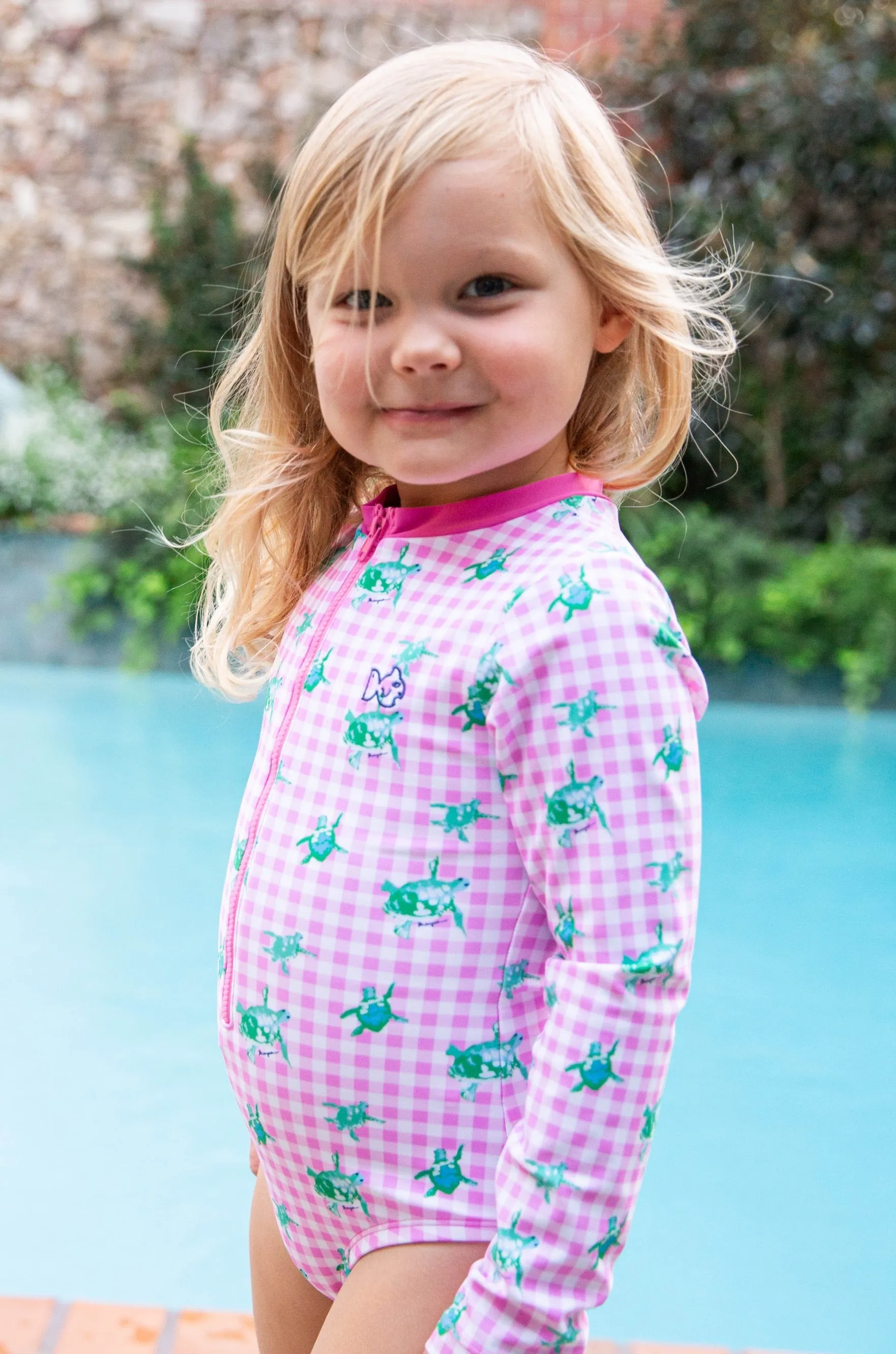 Girls' Surf and Turf One Piece Swimsuit in Fuchsia Pink Gingham Turtle Print