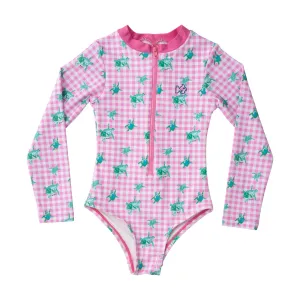 Girls' Surf and Turf One Piece Swimsuit in Fuchsia Pink Gingham Turtle Print