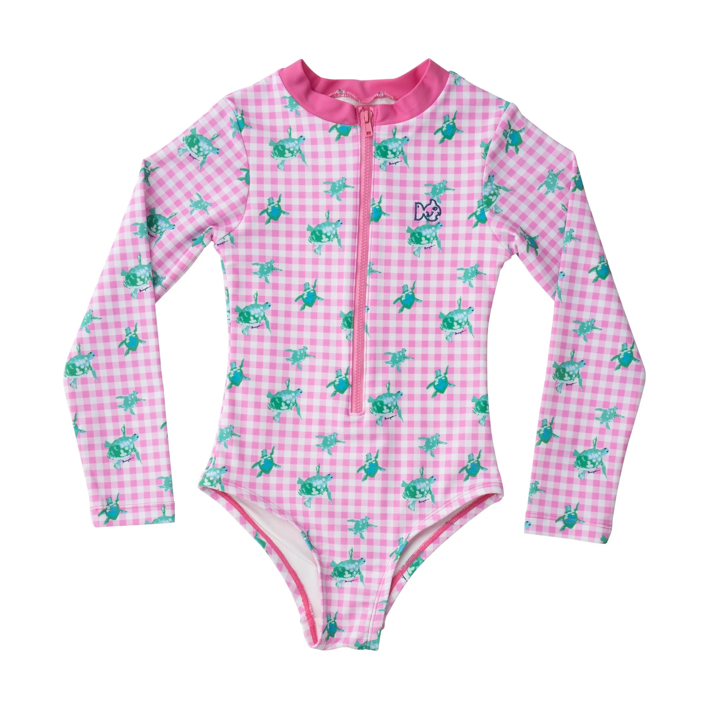 Girls' Surf and Turf One Piece Swimsuit in Fuchsia Pink Gingham Turtle Print