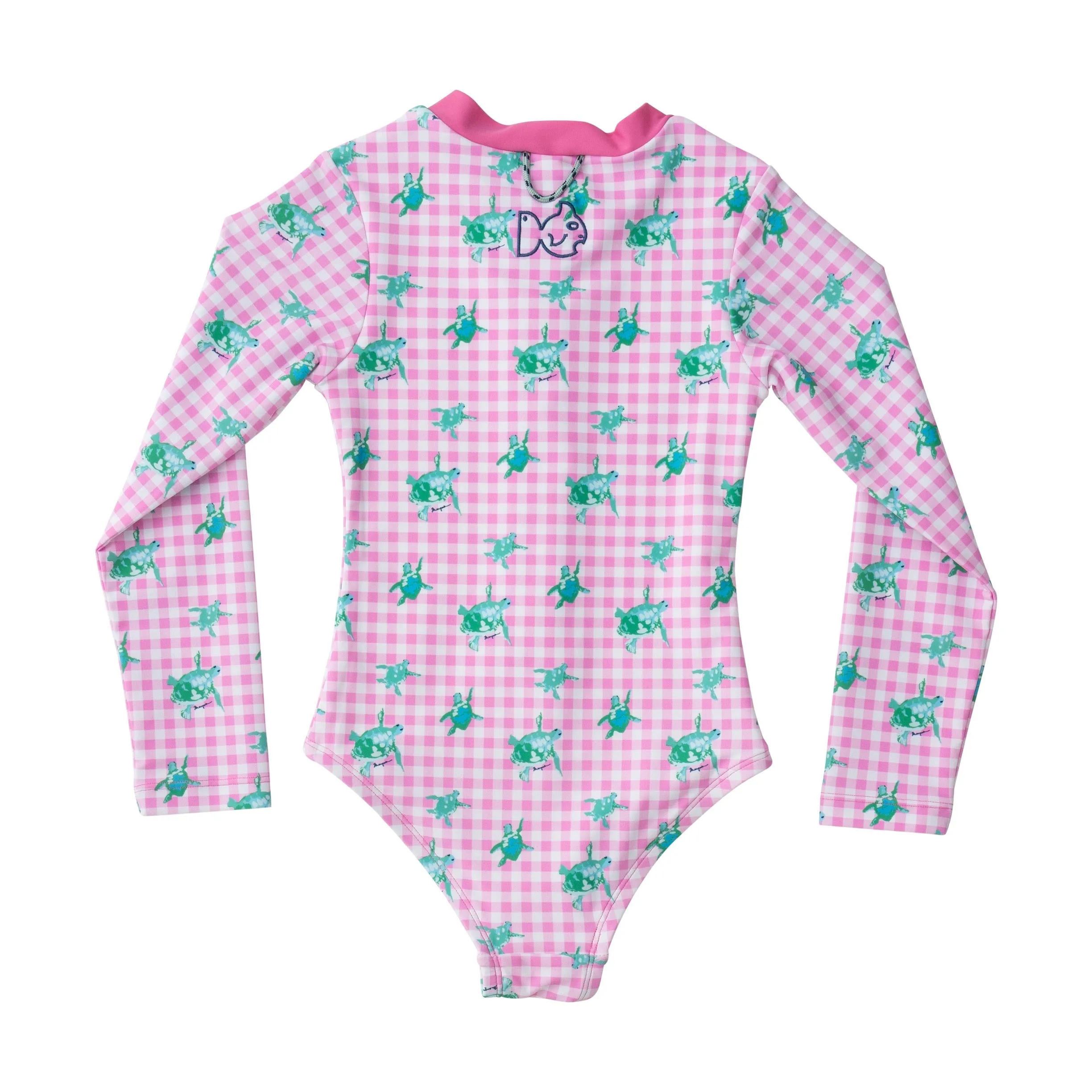 Girls' Surf and Turf One Piece Swimsuit in Fuchsia Pink Gingham Turtle Print