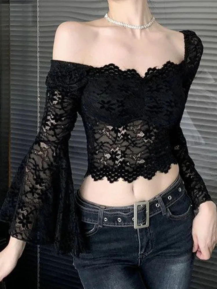 Goth Black Lace Flare Sleeve Crop Top