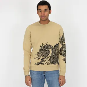 Graphic Wraparound Crewneck Pullover Sweatshirt - Pale Khaki / Dragon