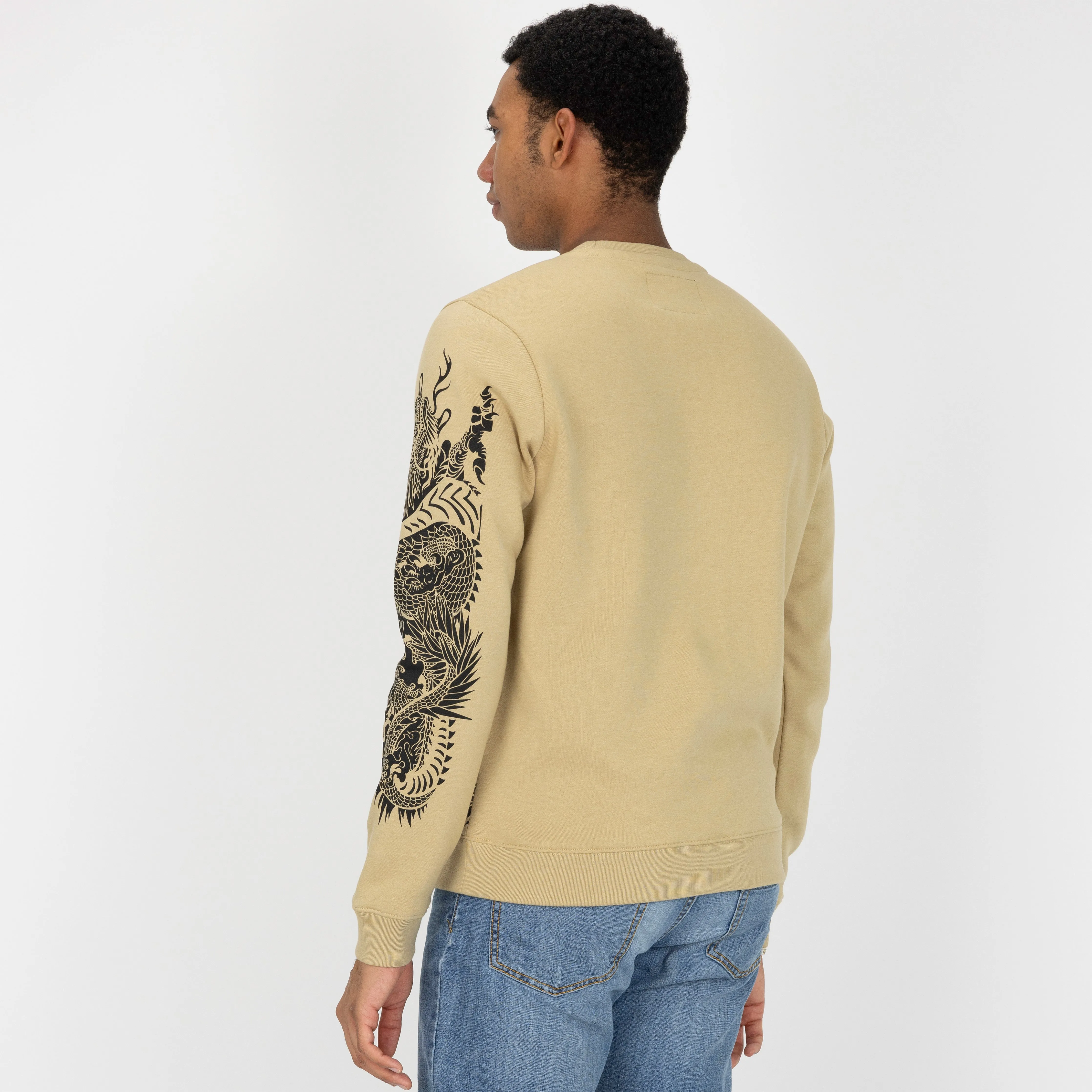 Graphic Wraparound Crewneck Pullover Sweatshirt - Pale Khaki / Dragon