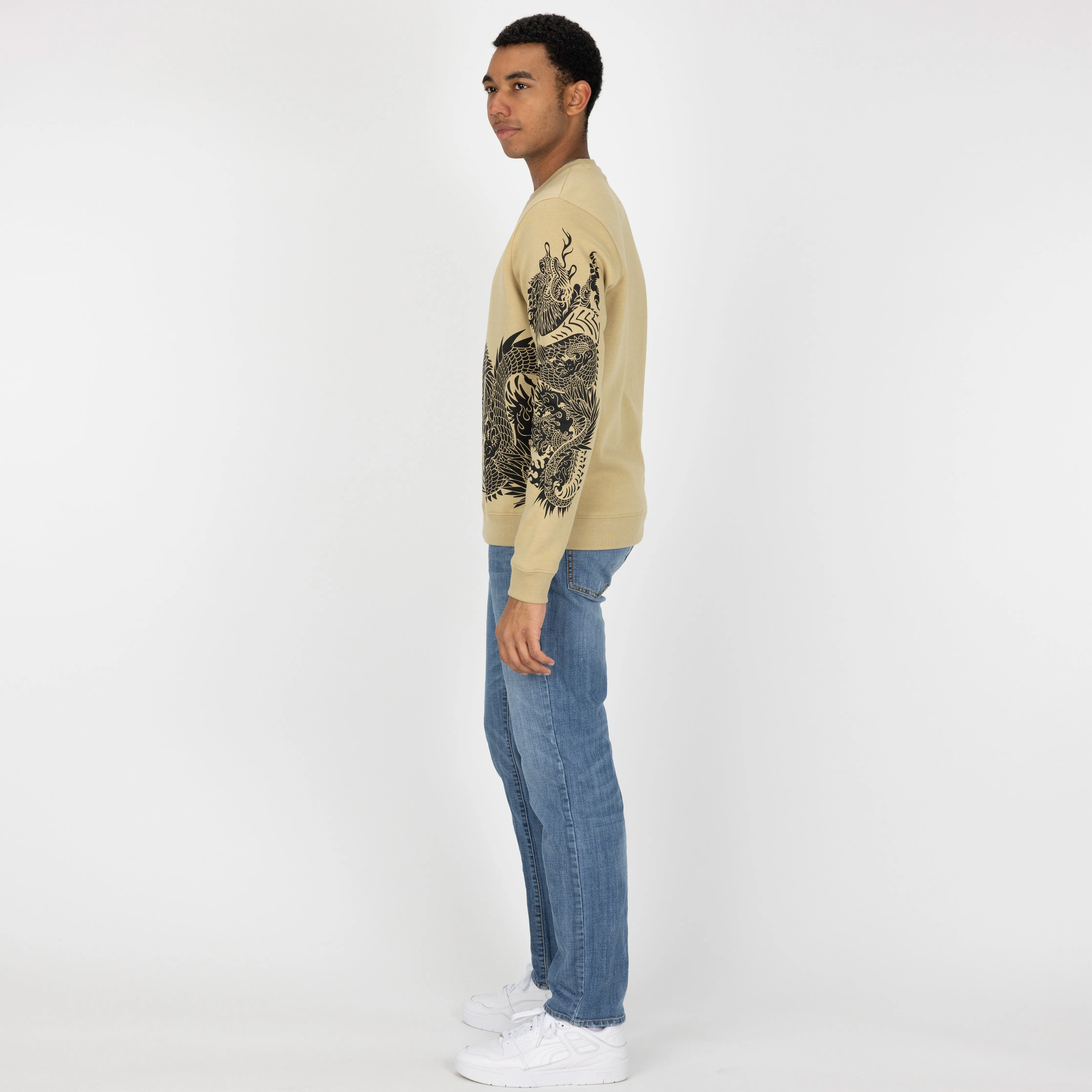 Graphic Wraparound Crewneck Pullover Sweatshirt - Pale Khaki / Dragon