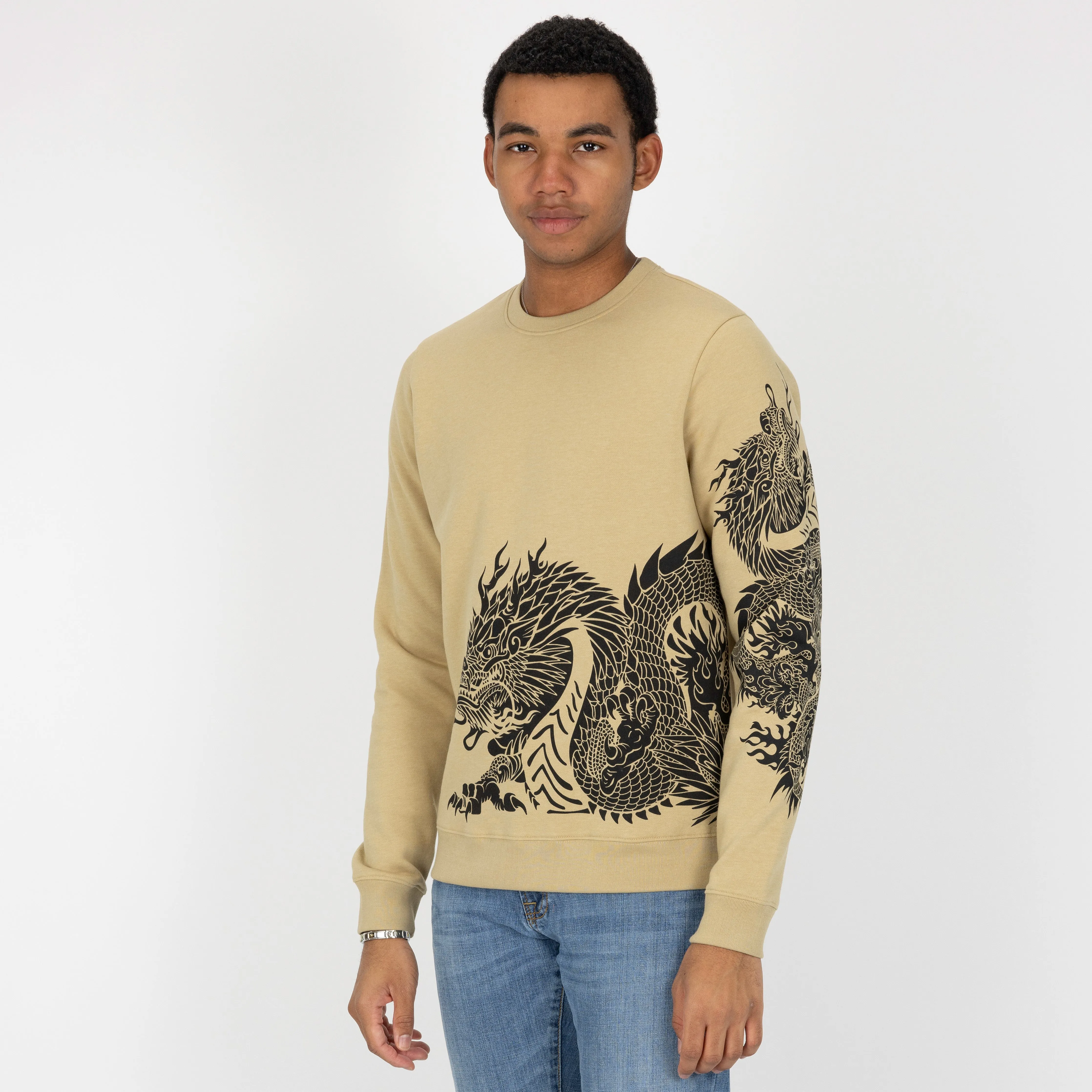 Graphic Wraparound Crewneck Pullover Sweatshirt - Pale Khaki / Dragon