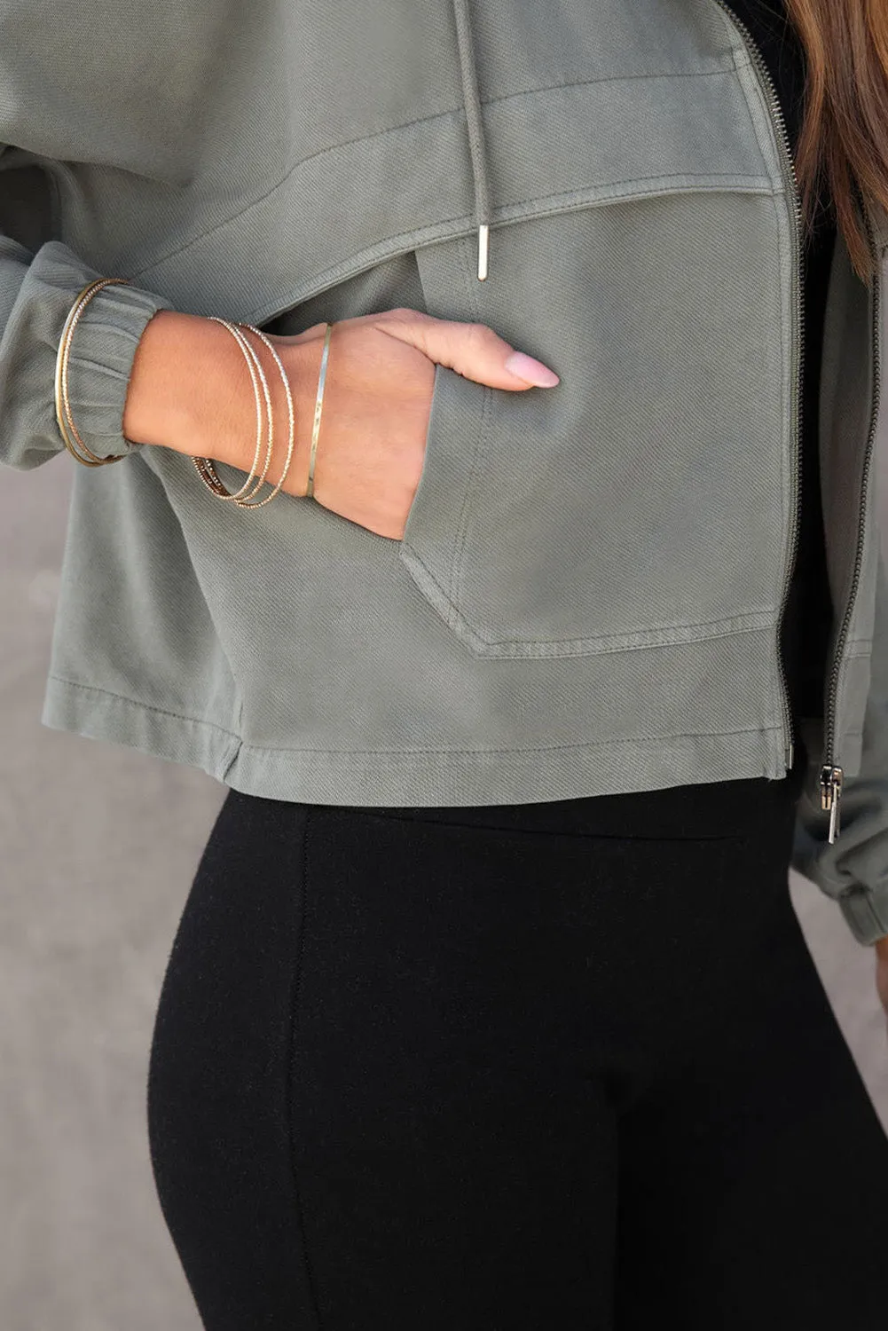 Gray Athleisure Pocketed Cotton Zip Up Hoodie