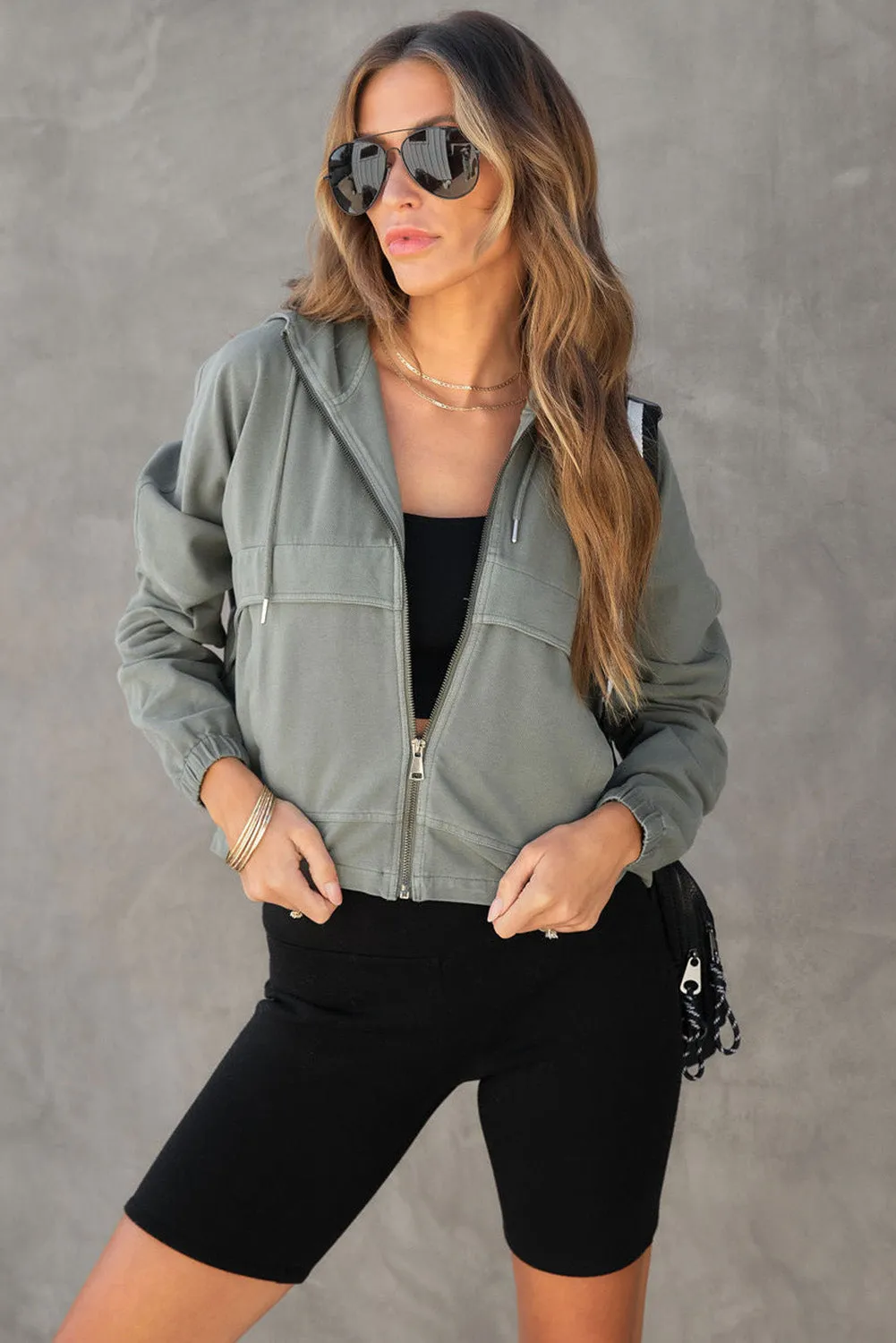 Gray Athleisure Pocketed Cotton Zip Up Hoodie