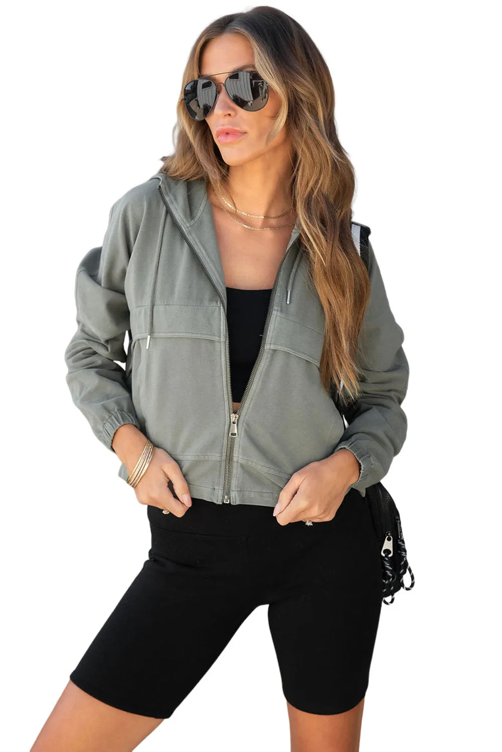 Gray Athleisure Pocketed Cotton Zip Up Hoodie