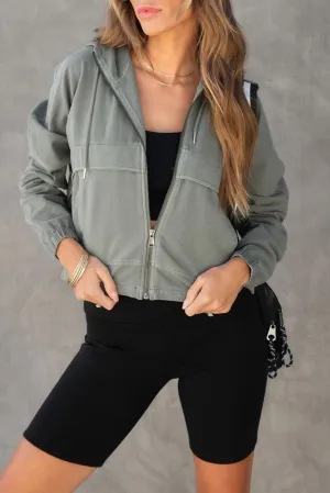Gray Athleisure Pocketed Cotton Zip Up Hoodie