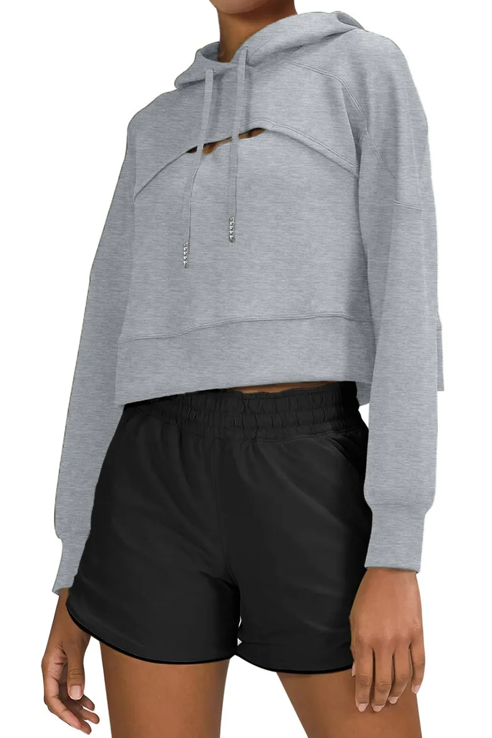Gray Drawstring Cut-Out Cropped Hoodies