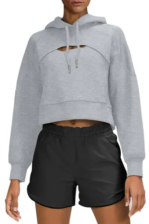 Gray Drawstring Cut-Out Cropped Hoodies