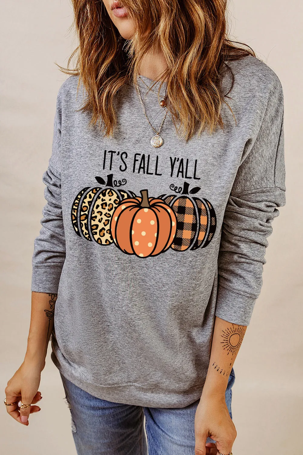 Gray Fall Fashion Graphic Drop Shoulder Sweatshirt