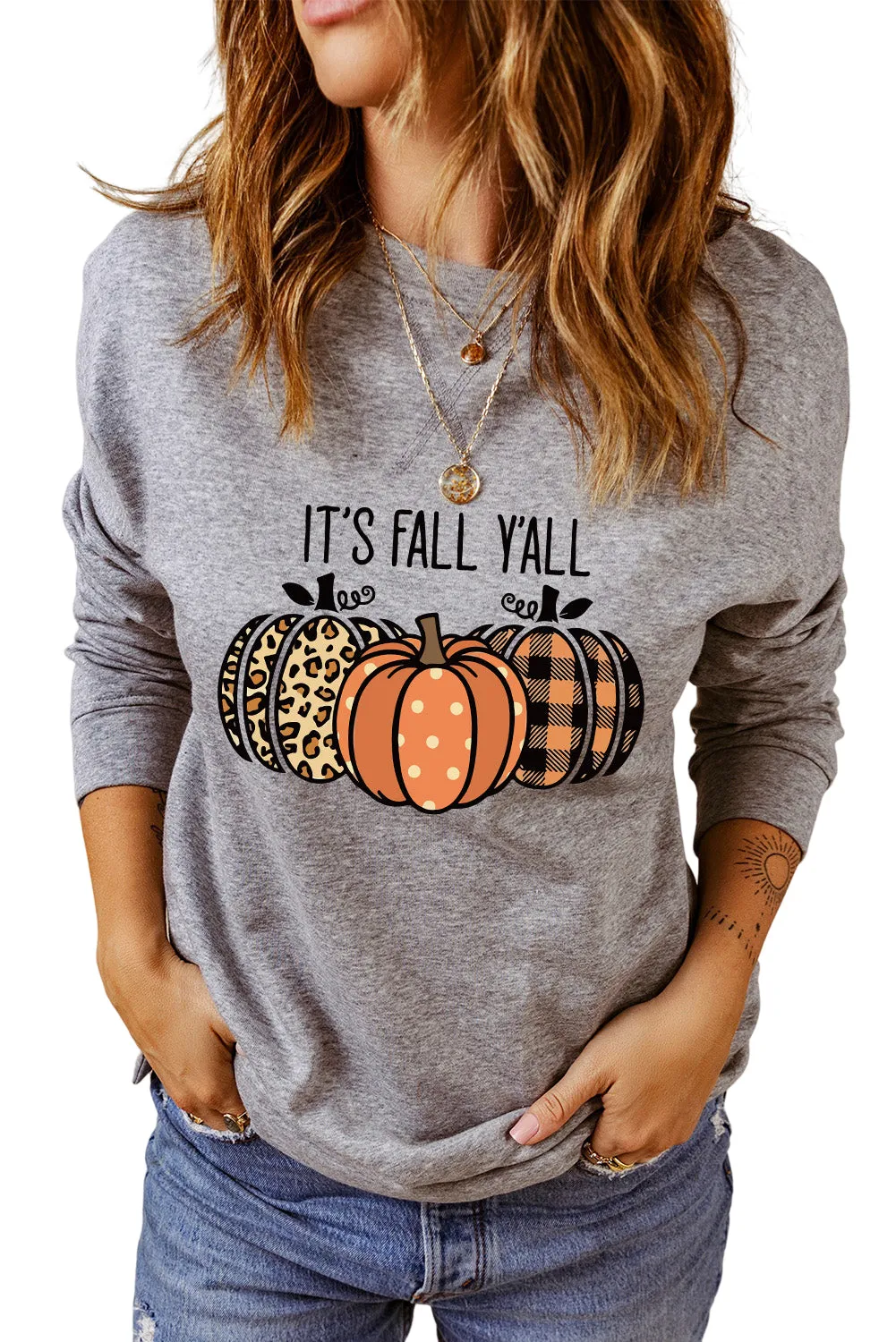 Gray Fall Fashion Graphic Drop Shoulder Sweatshirt