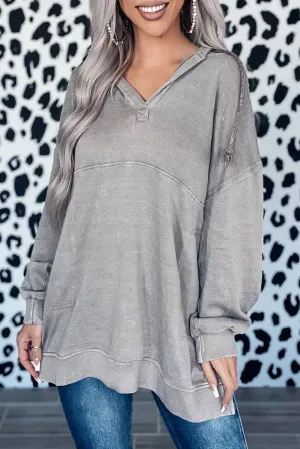 Gray Mineral Washed Exposed Seam Drawstring Hoodie