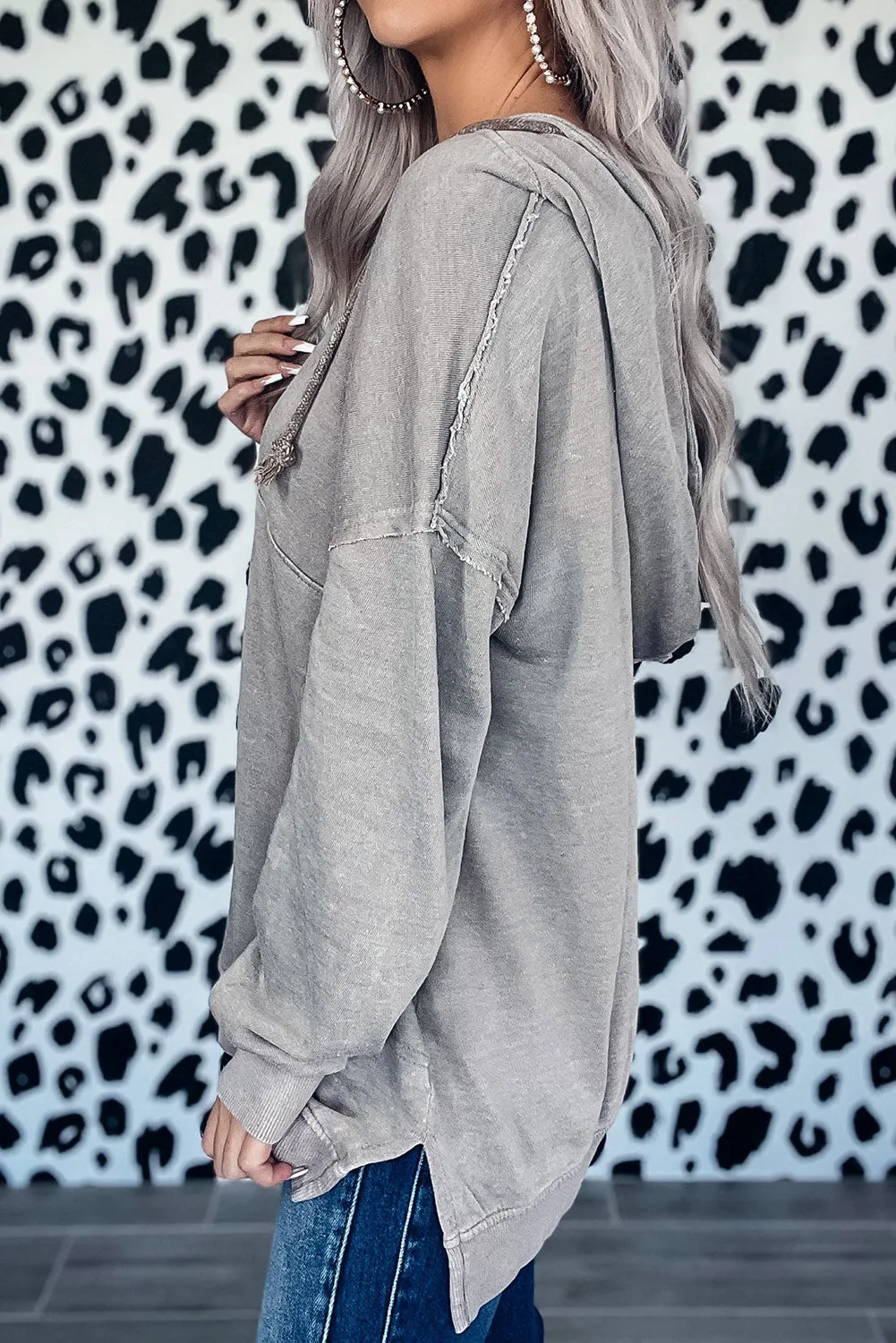Gray Mineral Washed Exposed Seam Drawstring Hoodie