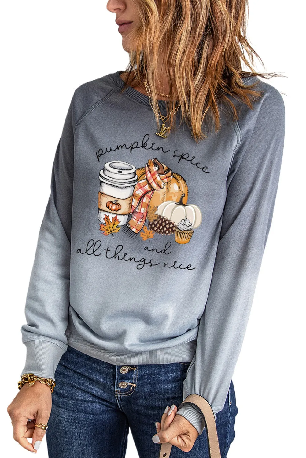 Gray Pumpkin Letter Graphic Print Crew Neck Sweatshirt