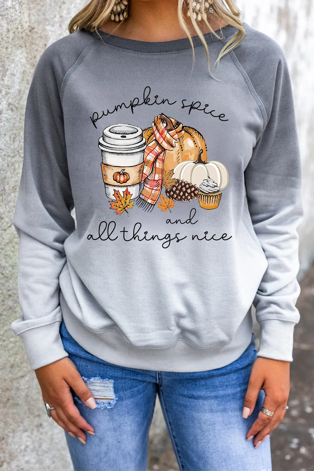 Gray Pumpkin Letter Graphic Print Crew Neck Sweatshirt