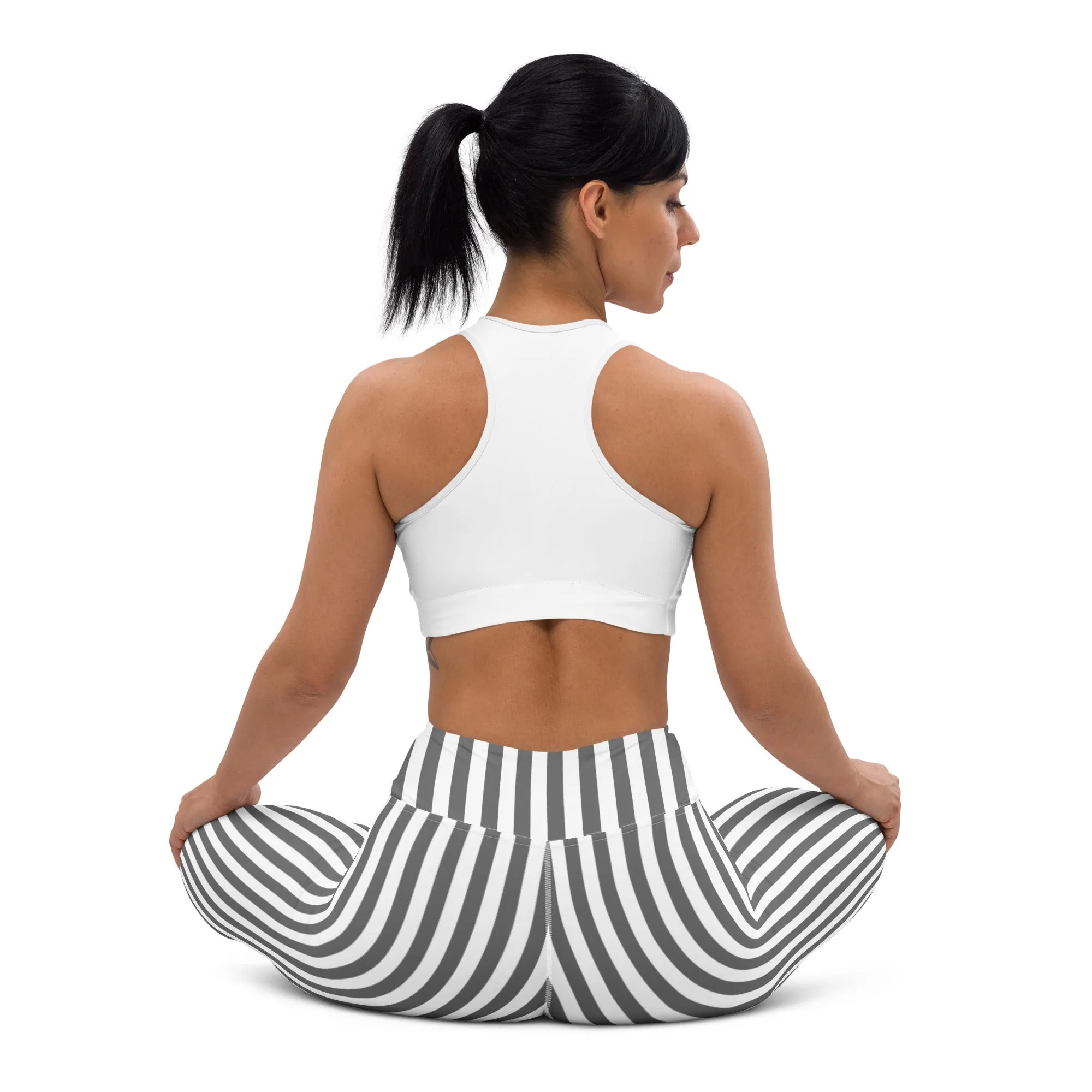 Gray White Vertical Striped High Waist Womens Yoga Leggings - Saiko Studio
