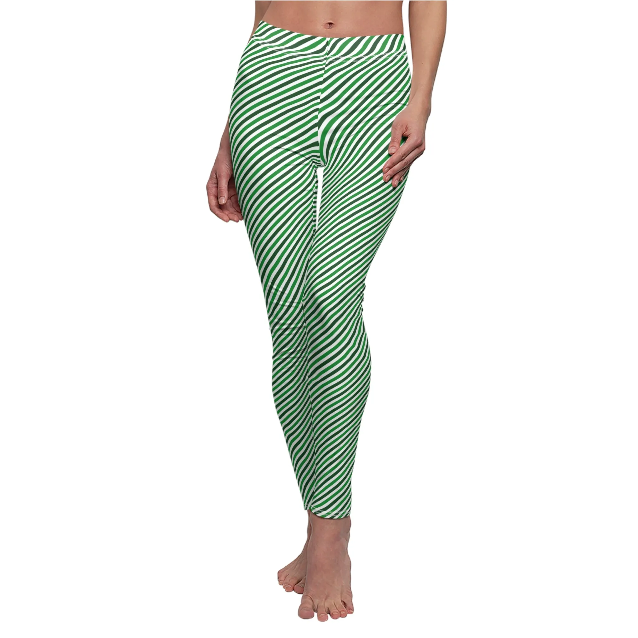Green White Diagonal Striped Womens St Patricks Day Leggings - Saiko Studio