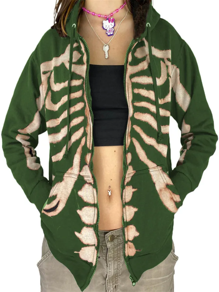 Halloween Personality Skull Print Zipper Drawstring Hooded Sweatshirt
