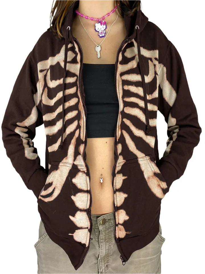 Halloween Personality Skull Print Zipper Drawstring Hooded Sweatshirt