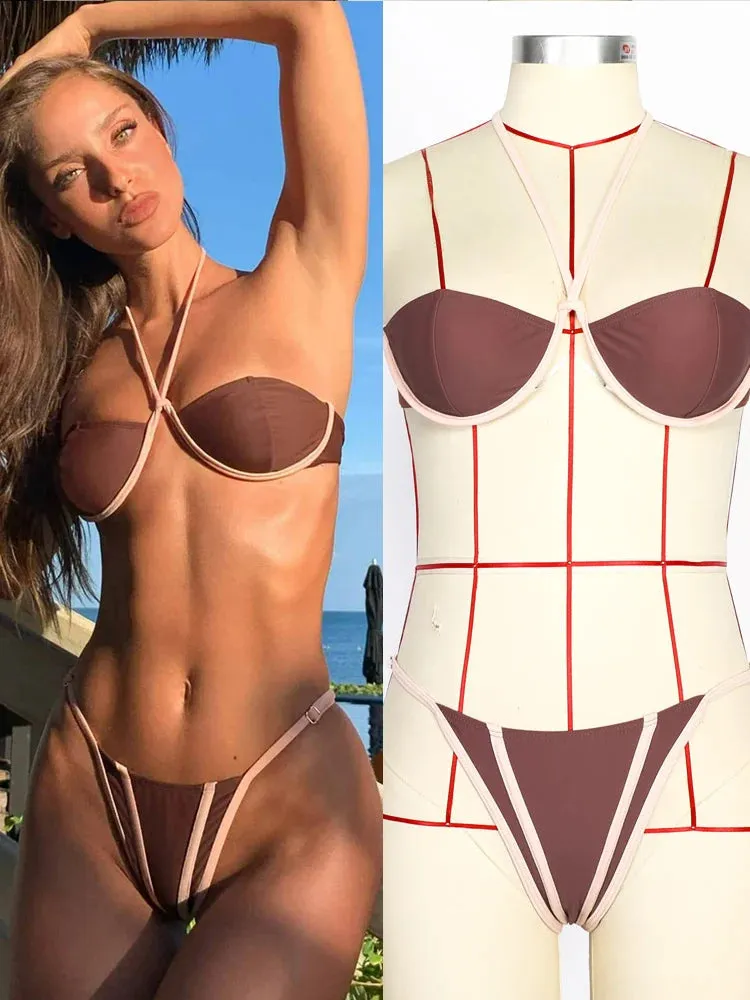 Halter Cup Lace-Up Two Piece Set Swimsuits