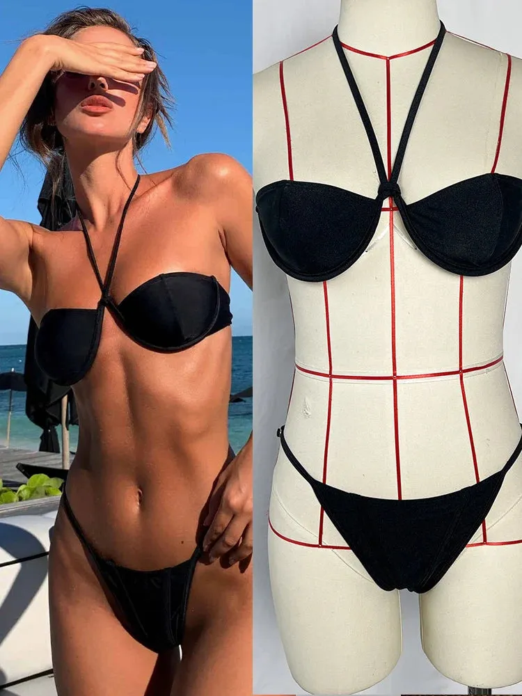 Halter Cup Lace-Up Two Piece Set Swimsuits