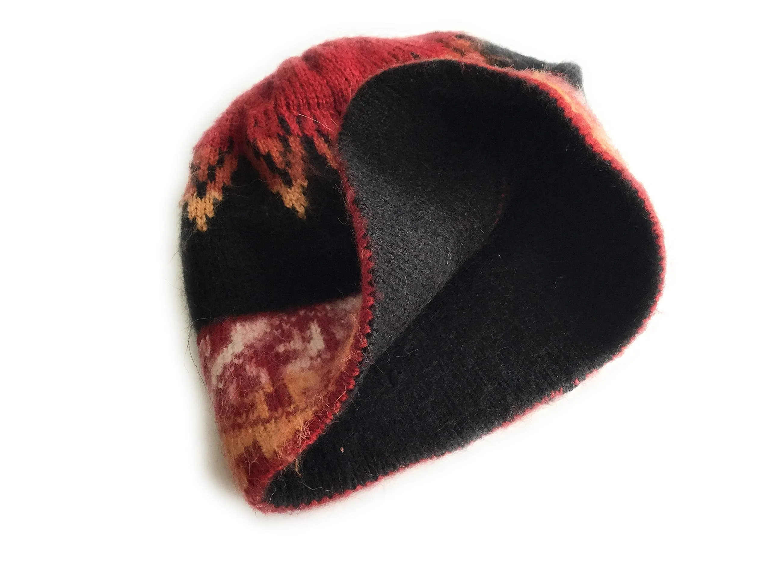 Hand-Knotted Chullo Red, Black, Orange. Multicolor Color. Alpaca Wool Blend Inca Culture Design.