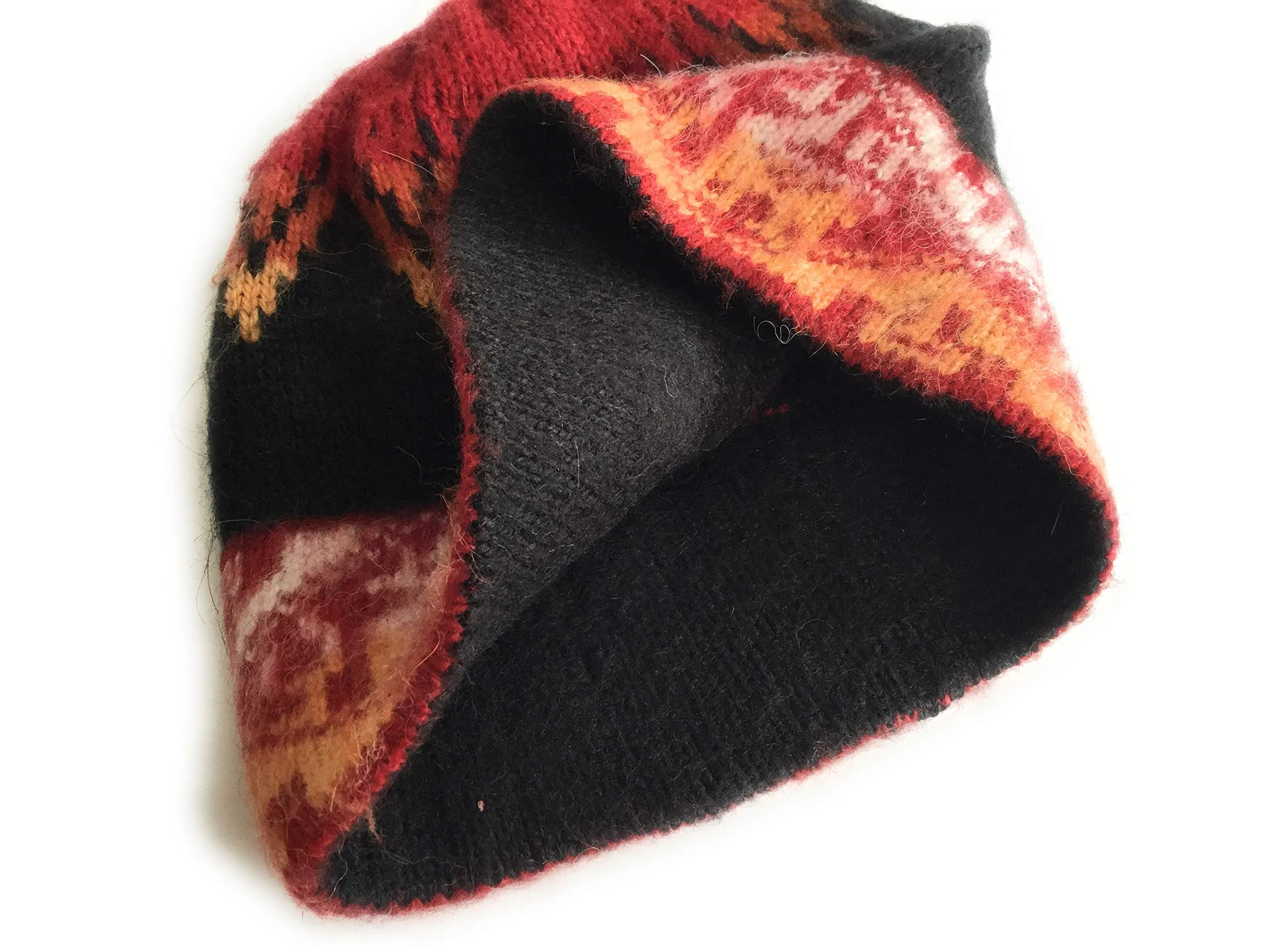 Hand-Knotted Chullo Red, Black, Orange. Multicolor Color. Alpaca Wool Blend Inca Culture Design.