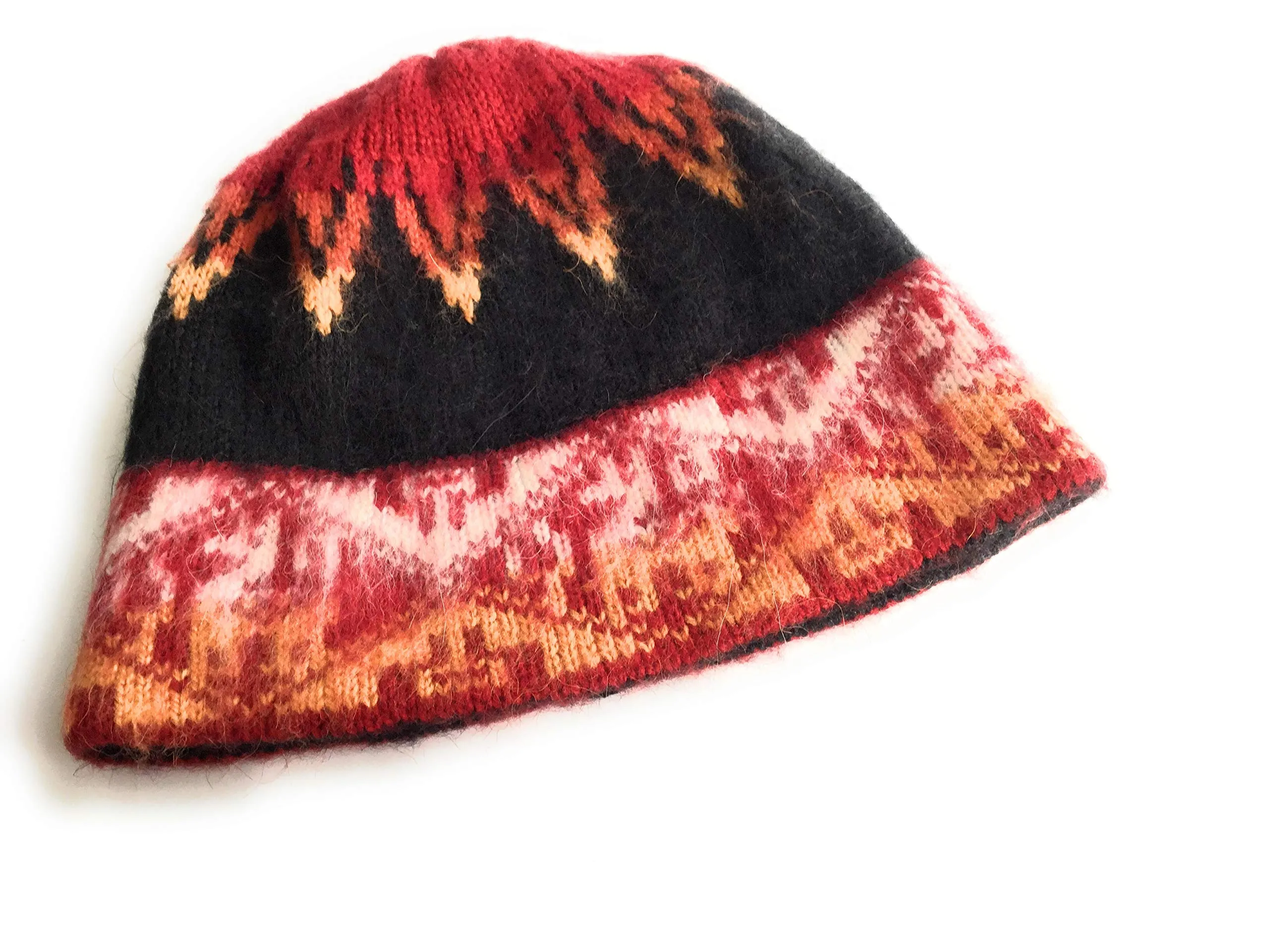 Hand-Knotted Chullo Red, Black, Orange. Multicolor Color. Alpaca Wool Blend Inca Culture Design.