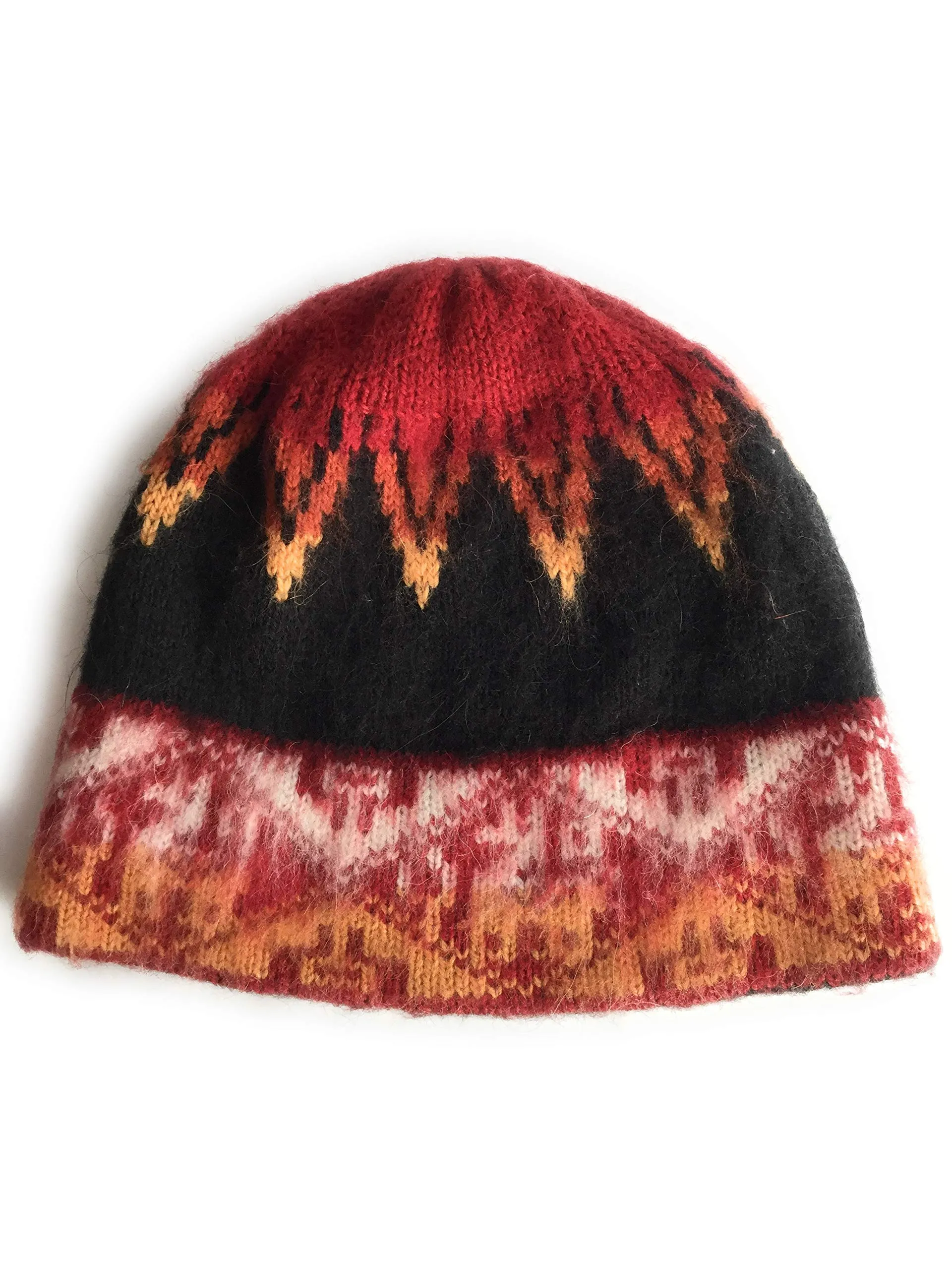 Hand-Knotted Chullo Red, Black, Orange. Multicolor Color. Alpaca Wool Blend Inca Culture Design.
