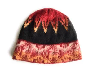 Hand-Knotted Chullo Red, Black, Orange. Multicolor Color. Alpaca Wool Blend Inca Culture Design.