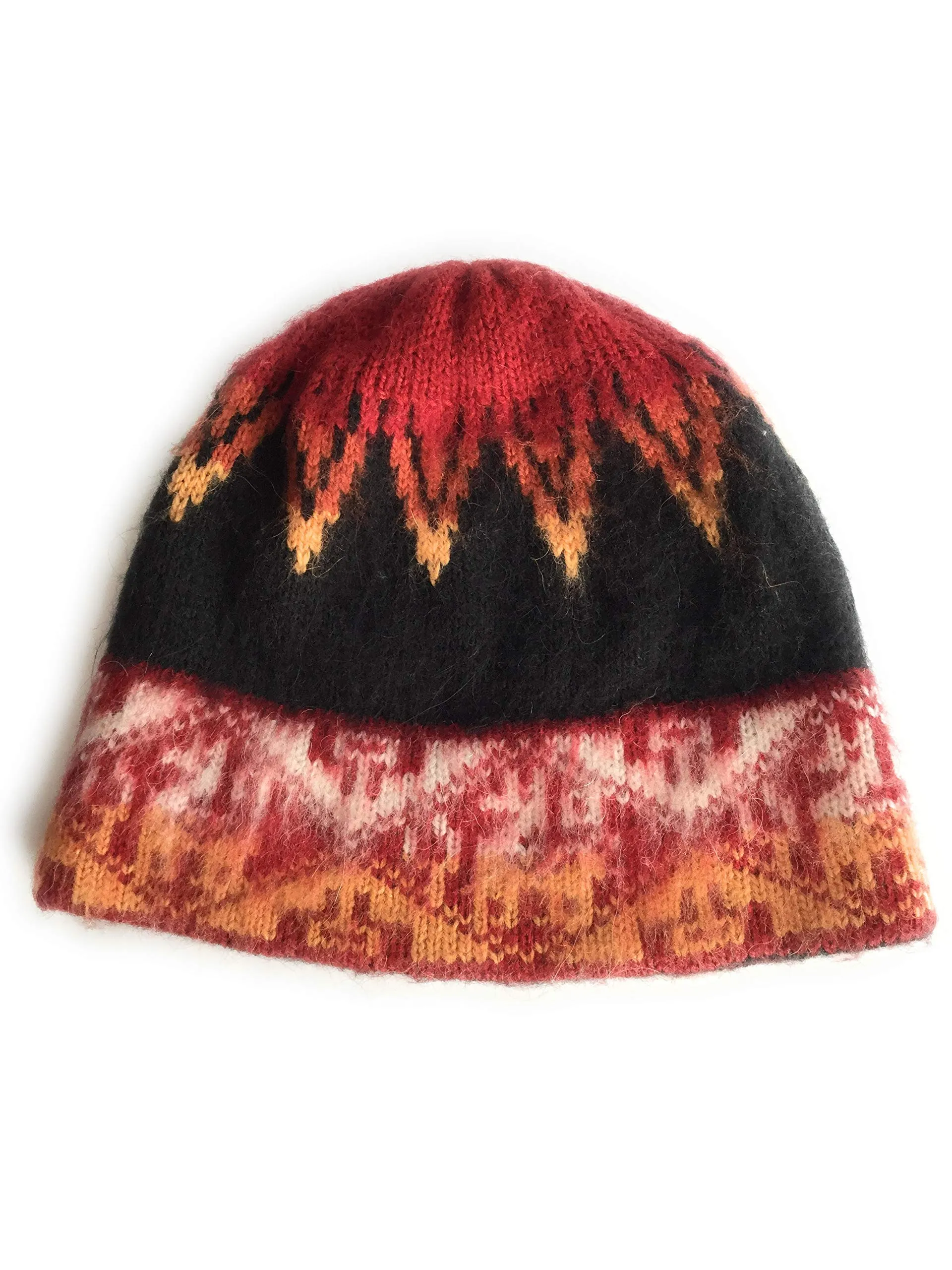 Hand-Knotted Chullo Red, Black, Orange. Multicolor Color. Alpaca Wool Blend Inca Culture Design.