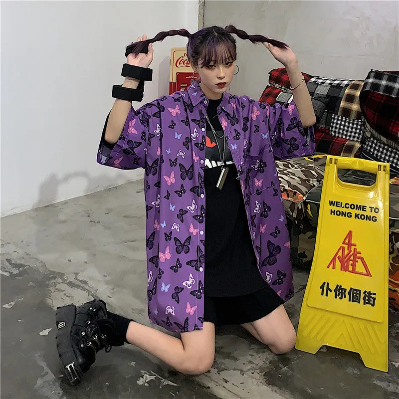 Harajuku Butterfly Purple Short Sleeve Shirt EV4132