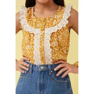 Hayden Girls Lace Detailed Ditsy Print Buttoned Tank